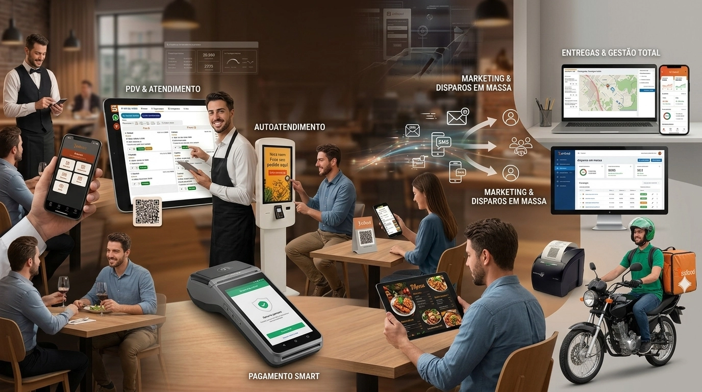 Tela do sistema SisFood: PDV, cardápio digital e gestão completa para restaurante