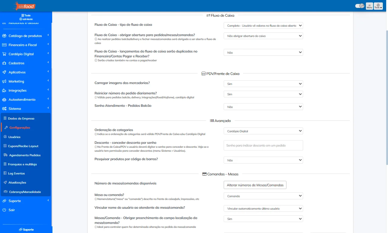 Configurações avançadas do sistema para restaurante
