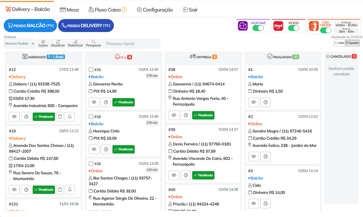 PDV em modo kanban para delivery de hamburgueria com pedidos do iFood, Aiqfome e 99Food