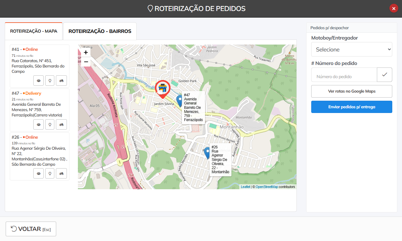 Tela de roteirização de delivery SisFood com mapa e ordem de entrega dos motoboys